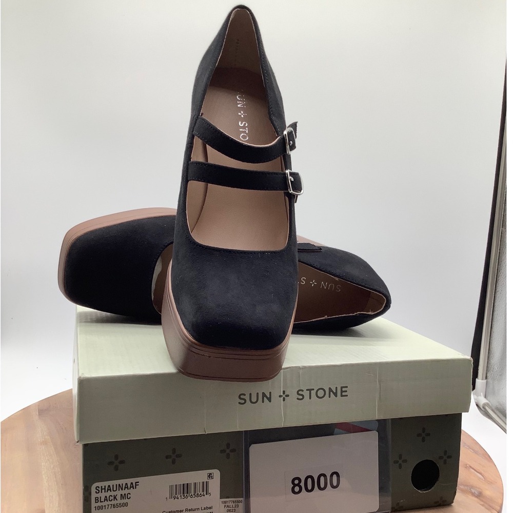 Sun + Stone Shaunaaf Black Micro Suede Double Strap Platform Mary Jane Pumps 7M